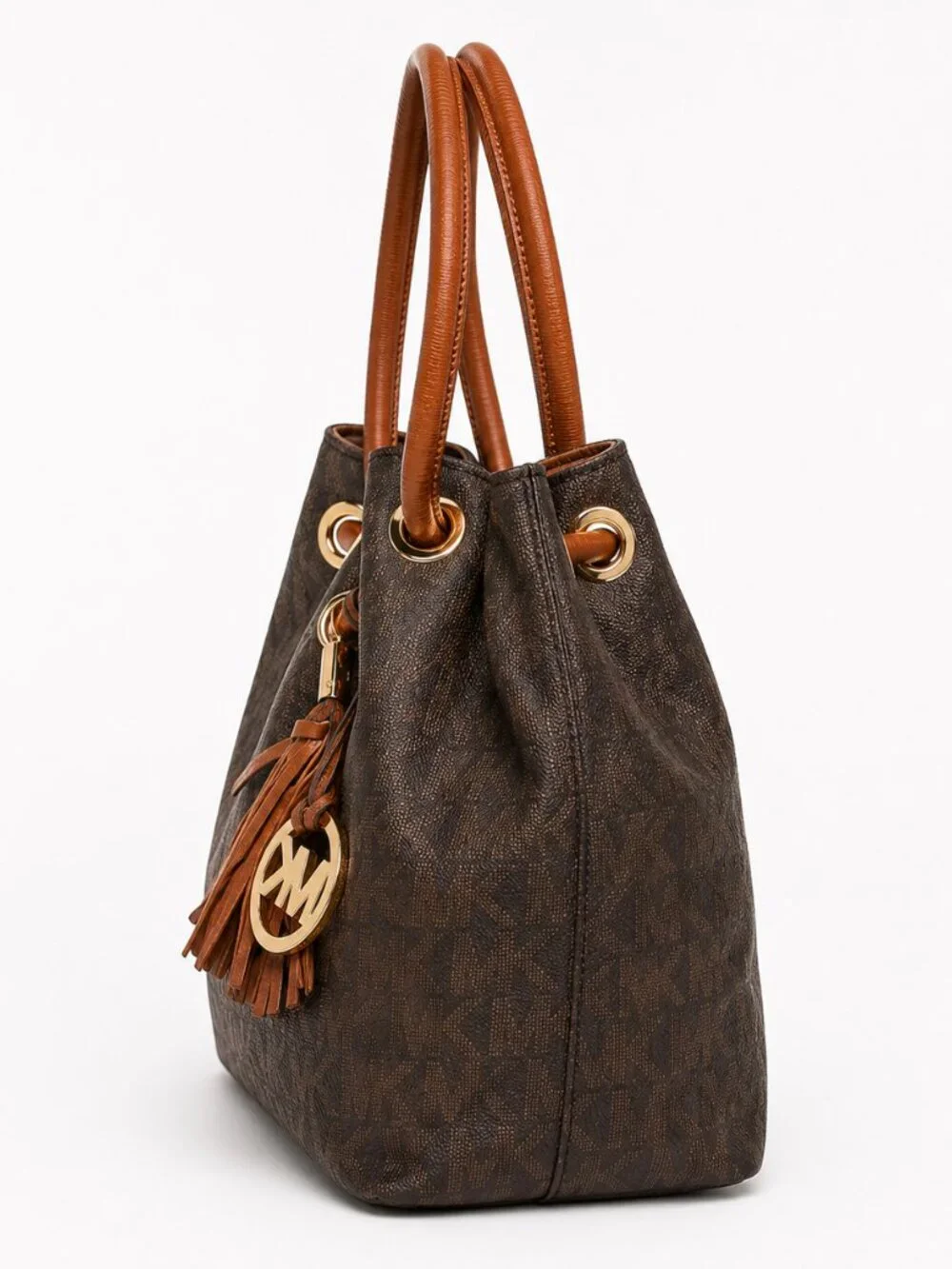 Michael Kors Brown MK Signature Monogram Ring Handle Tassel Tote Bag